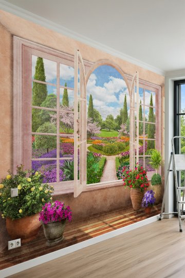 Dreamwall Pencere, Saksı Çiçekleri ve Peyzaj Bahçesi Manzaralı Tek Parça Tekstil Duvar Kağıdı küçük görsel 2