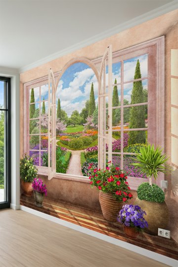 Dreamwall Pencere, Saksı Çiçekleri ve Peyzaj Bahçesi Manzaralı Tek Parça Tekstil Duvar Kağıdı küçük görsel 3