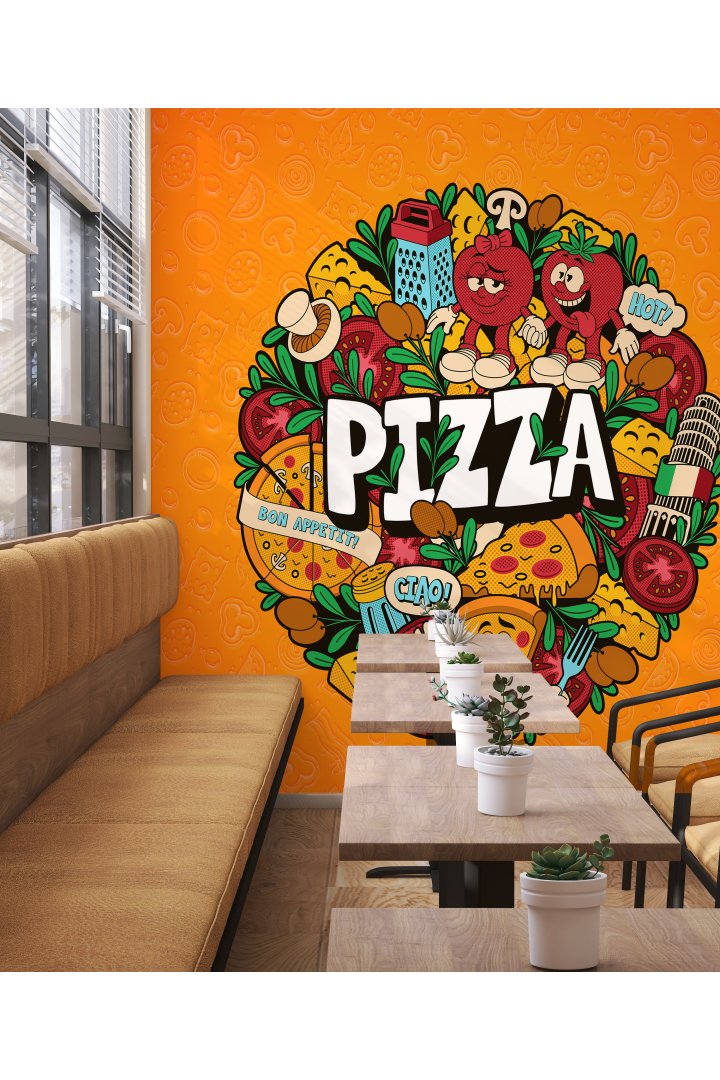 Dreamwall Pizza Karikatür Karakterli ve İtalya Temalı Tekstil Duvar Kağıdı