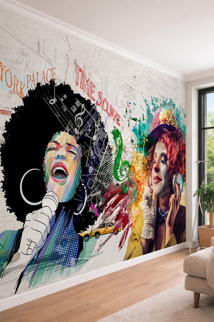 Dreamwall Pop-Art Stil Caz Sanatçısı ve Palyaço Temalı Müzik Ruhlu Tek Parça Tekstil Duvar Kağıdı