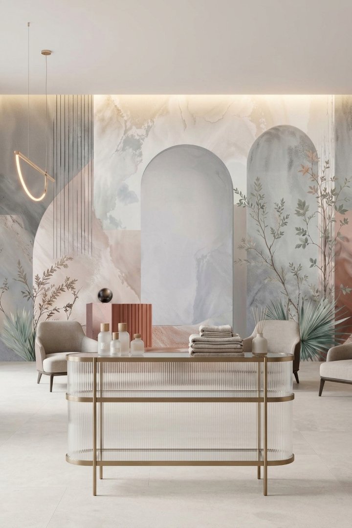Dreamwall Pudra Ufku-Mermer Kavisler Desenli Tek Parça Tekstil Duvar Kağıdı 