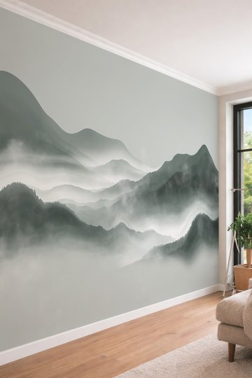 Dreamwall Puslu Dağ Manzaralı ve Sisli Orman Temalı Modern Doğa Görünümlü Duvar Kağıdı