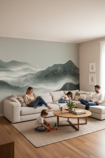 Dreamwall Puslu Dağ Manzaralı ve Sisli Orman Temalı Modern Doğa Görünümlü Duvar Kağıdı küçük görsel 2