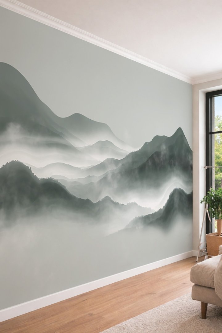 Dreamwall Puslu Dağ Manzaralı ve Sisli Orman Temalı Modern Doğa Görünümlü Tekstil Duvar Kağıdı