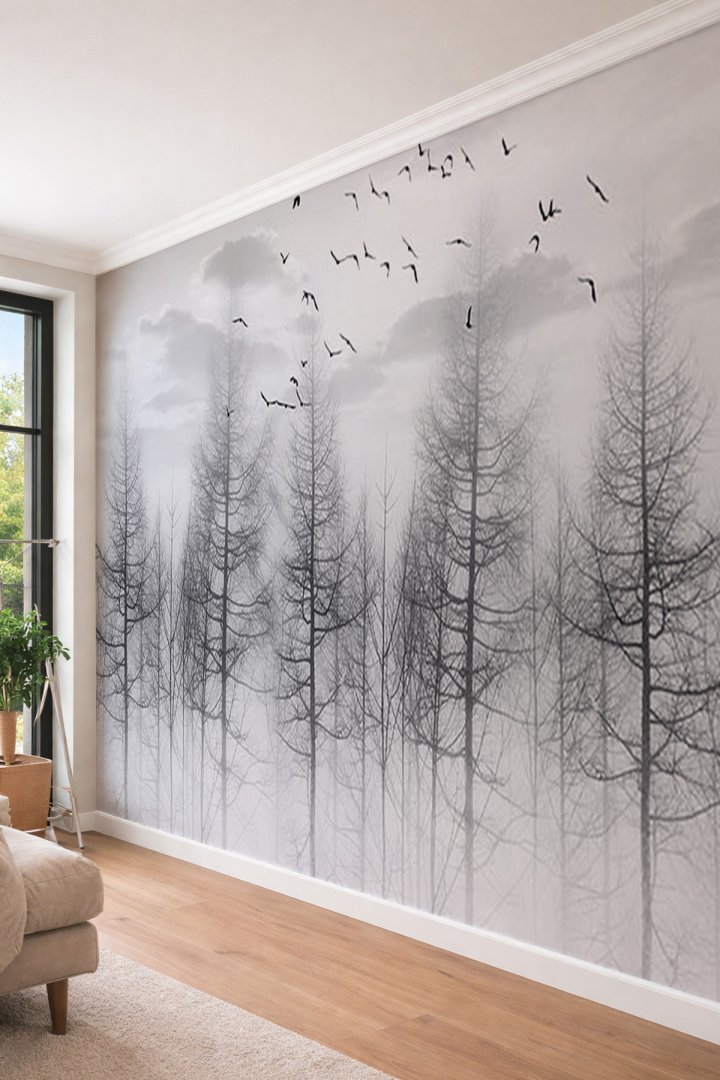 Dreamwall Puslu Orman ve Göç Eden Kuşlar Temalı Tek Parça Tekstil Duvar Kağıdı