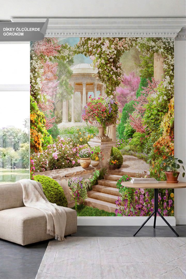 Dreamwall Rengarenk Çiçekler, Taş Merdivenler ve Antik Çardak Manzaralı Tek Parça Tekstil Duvar Kağı...