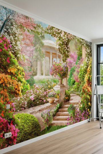 Dreamwall Rengarenk Çiçekler, Taş Merdivenler ve Antik Çardak Manzaralı Tek Parça Tekstil Duvar Kağıdı küçük görsel 2