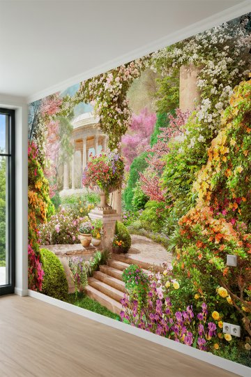 Dreamwall Rengarenk Çiçekler, Taş Merdivenler ve Antik Çardak Manzaralı Tek Parça Tekstil Duvar Kağıdı küçük görsel 3