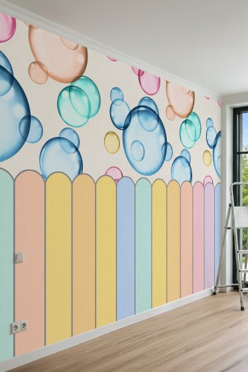 Dreamwall Renkli Ahşap Çit ve Uçuşan Sabun Köpükleri Motifli Tek Parça Tekstil Duvar Kağıdı
