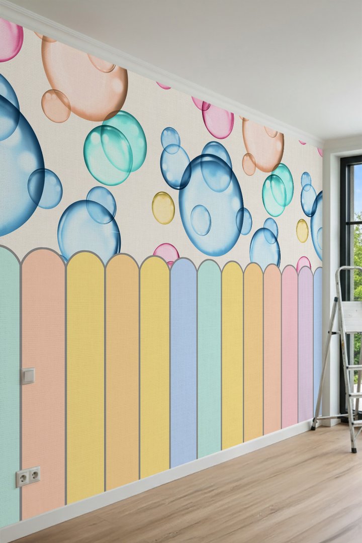 Dreamwall Renkli Ahşap Çit ve Uçuşan Sabun Köpükleri Motifli Tek Parça Tekstil Duvar Kağıdı