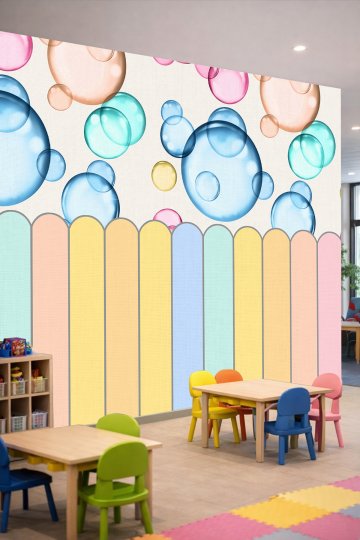Dreamwall Renkli Ahşap Çit ve Uçuşan Sabun Köpükleri Motifli Tek Parça Tekstil Duvar Kağıdı küçük görsel 2