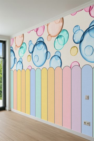 Dreamwall Renkli Ahşap Çit ve Uçuşan Sabun Köpükleri Motifli Tek Parça Tekstil Duvar Kağıdı küçük görsel 5