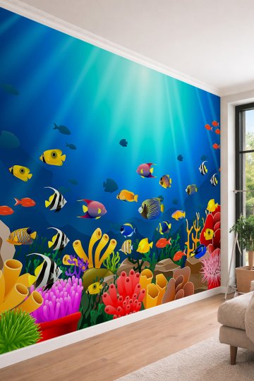 Dreamwall Renkli Balıklar ve Mercan Kayalıkları Temalı 3D Görünümlü Tek Parça Tekstil Duvar Kağıdı