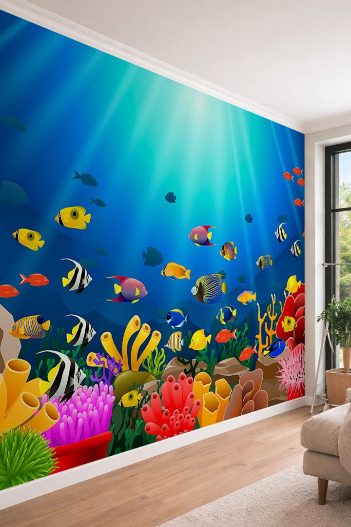 Dreamwall Renkli Balıklar ve Mercan Kayalıkları Temalı 3D Görünümlü Tek Parça Tekstil Duvar Kağıdı
