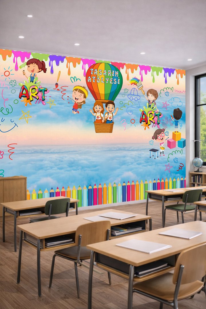 Dreamwall Renkli Boya Damlaları, Sıcak Hava Balonu, "TASARIM ATÖLYESİ" ve Çocuk Figürlü Tek Parça Te...