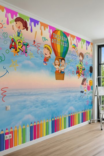 Dreamwall Renkli Boya Damlaları, Sıcak Hava Balonu, "TASARIM ATÖLYESİ" ve Çocuk Figürlü Tek Parça Tekstil Duvar Kağıdı küçük görsel 2