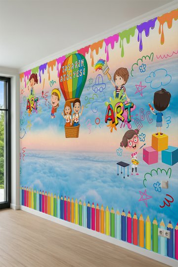 Dreamwall Renkli Boya Damlaları, Sıcak Hava Balonu, "TASARIM ATÖLYESİ" ve Çocuk Figürlü Tek Parça Tekstil Duvar Kağıdı küçük görsel 3