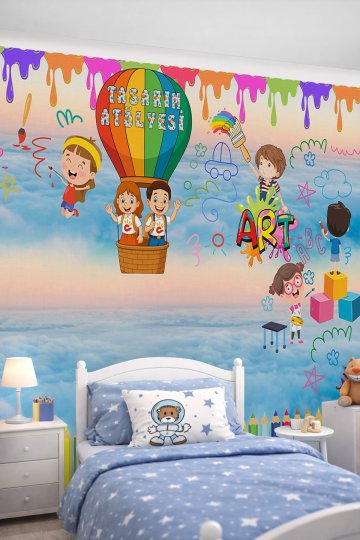 Dreamwall Renkli Boya Damlaları, Sıcak Hava Balonu, "TASARIM ATÖLYESİ" ve Çocuk Figürlü Tek Parça Tekstil Duvar Kağıdı küçük görsel 4