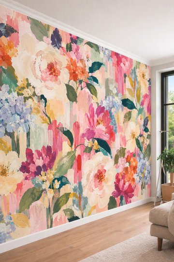 Dreamwall Renkli Çiçek Buketleri ve Yağlı Boya Dokulu Lüks Tek Parça Tekstil Duvar Kağıdı  küçük görsel 1