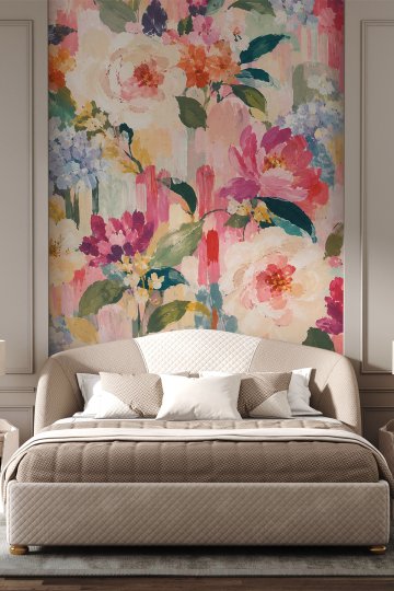 Dreamwall Renkli Çiçek Buketleri ve Yağlı Boya Dokulu Lüks Tek Parça Tekstil Duvar Kağıdı  küçük görsel 2