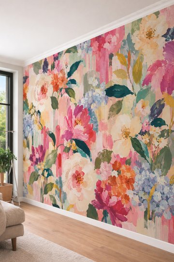 Dreamwall Renkli Çiçek Buketleri ve Yağlı Boya Dokulu Lüks Tek Parça Tekstil Duvar Kağıdı  küçük görsel 3