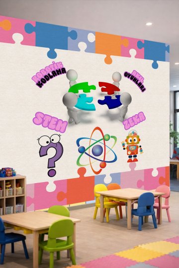 Dreamwall Renkli Puzzle Çerçeveli, Robotik Kodlama, Akıl Oyunları, STEM ve Zeka Temalı Tek Parça Tekstil Duvar Kağıdı küçük görsel 2