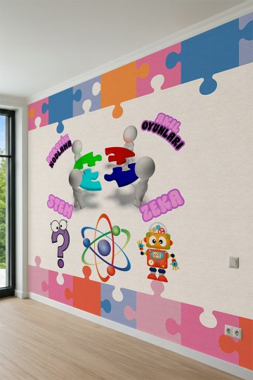 Dreamwall Renkli Puzzle Çerçeveli, Robotik Kodlama, Akıl Oyunları, STEM ve Zeka Temalı Tek Parça Tekstil Duvar Kağıdı küçük görsel 3