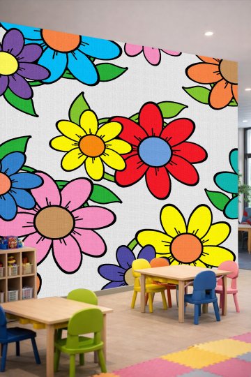 Dreamwall Renkli Retro Çiçekler ve Büyük Papatya Motifli Tek Parça Tekstil Duvar Kağıdı
