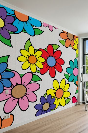 Dreamwall Renkli Retro Çiçekler ve Büyük Papatya Motifli Tek Parça Tekstil Duvar Kağıdı küçük görsel 3