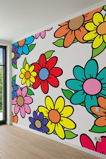 Dreamwall Renkli Retro Çiçekler ve Büyük Papatya Motifli Tek Parça Tekstil Duvar Kağıdı küçük görsel 4