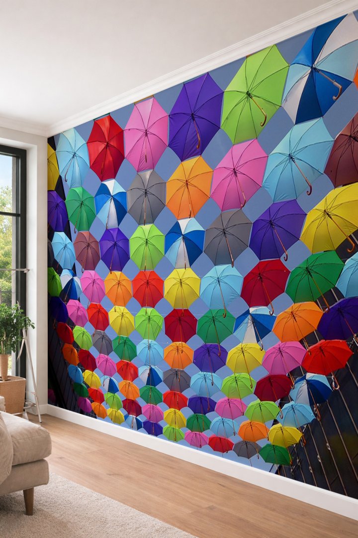 Dreamwall Renkli Şemsiyeler - Cafe ve Oyun Alanı İçin Tek Parça Tekstil Duvar Kağıdı