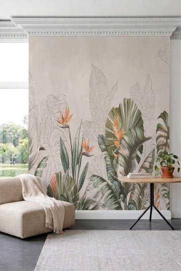 Dreamwall Renkli Tropikal Bitki ve Çizgi Yaprak Tek Parça Tekstil Duvar Kağıdı küçük görsel 1