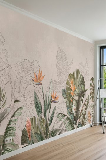 Dreamwall Renkli Tropikal Bitki ve Çizgi Yaprak Tek Parça Tekstil Duvar Kağıdı küçük görsel 2