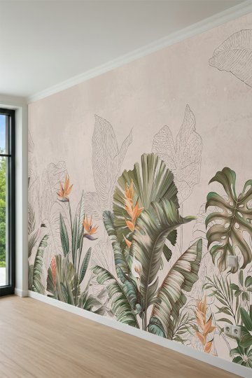 Dreamwall Renkli Tropikal Bitki ve Çizgi Yaprak Tek Parça Tekstil Duvar Kağıdı küçük görsel 3
