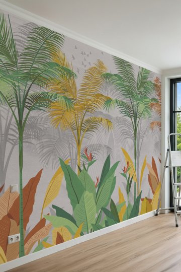 Dreamwall Renkli Tropikal Palmiye Yaprakları ve Kuş Motifli Tek Parça Tekstil Duvar Kağıdı küçük görsel 2