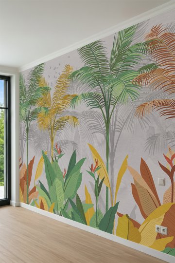 Dreamwall Renkli Tropikal Palmiye Yaprakları ve Kuş Motifli Tek Parça Tekstil Duvar Kağıdı küçük görsel 3