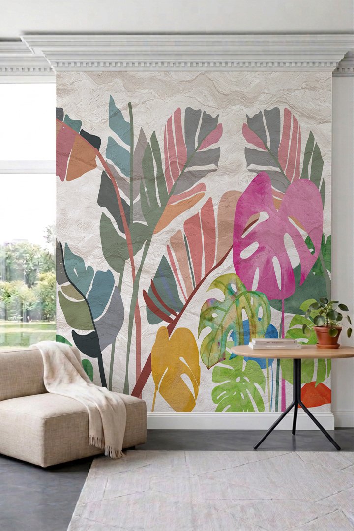 Dreamwall Renkli Tropikal Yapraklar ve Monstera Desenli Tek Parça Tekstil Duvar Kağıdı