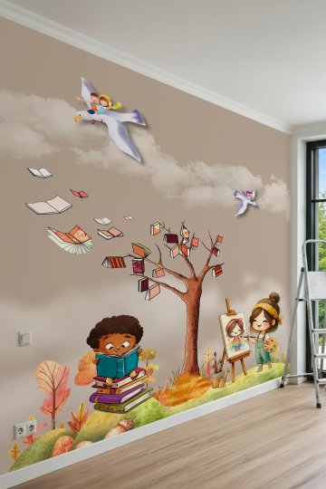 Dreamwall Resim Yapan Kız, Kitap Okuyan Çocuk, Kitap Ağacı ve Bulut Motifli Tek Parça Tekstil Duvar Kağıdı küçük görsel 2