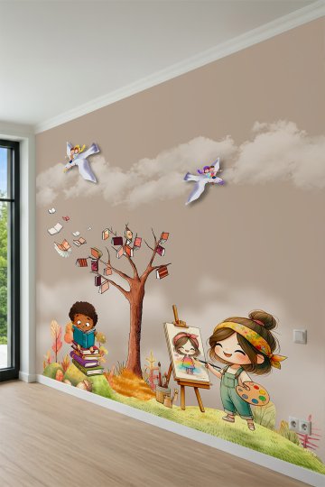 Dreamwall Resim Yapan Kız, Kitap Okuyan Çocuk, Kitap Ağacı ve Bulut Motifli Tek Parça Tekstil Duvar Kağıdı küçük görsel 3