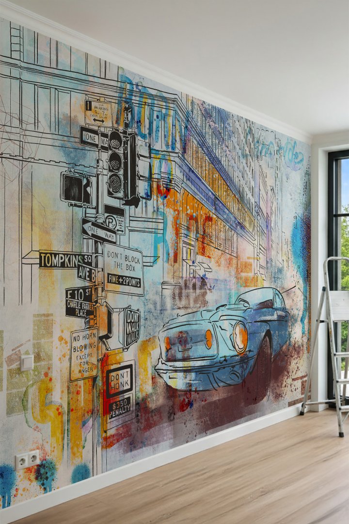 Dreamwall Retro Araba ve Modern Şehir Temalı Tek Parça Tekstil Duvar Kağıdı - Dinamik Dekor