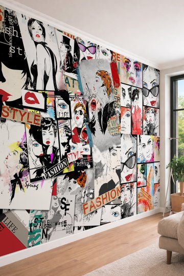 Dreamwall Retro Moda ve Stil Temalı Pop-Art Kadın Portreleri Kolajlı Tek Parça Tekstil Duvar Kağıdı
