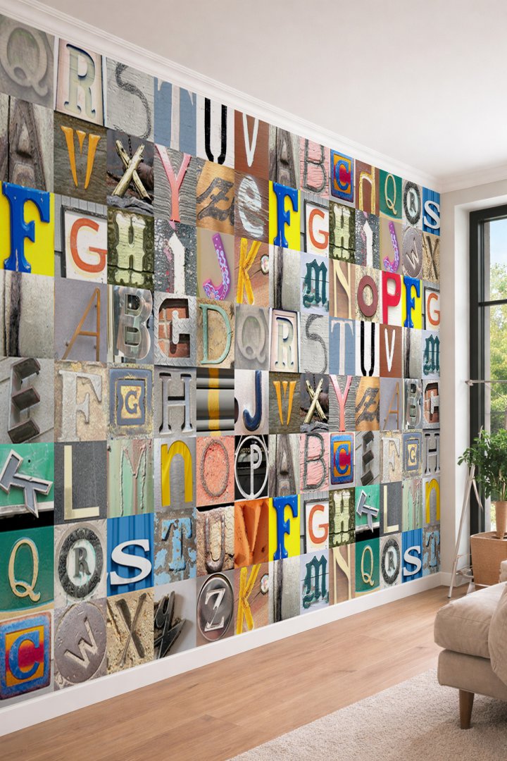 Dreamwall Retro Tasarımlı Renkli Harf Kolajı ve Alfabe Temalı Tek Parça Tekstil Duvar Kağıdı 
