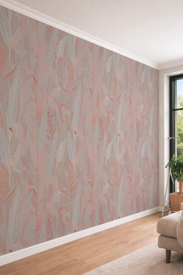 Dreamwall Rose Gold Detaylı Gri Tropikal Yaprak Desenli Tek Parça Tekstil Duvar Kağıdı