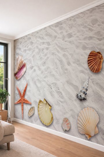 Dreamwall Sahil Kumu ve Deniz Kabukları - Banyo ve Spa İçin Tek Parça Tekstil Duvar Kağıdı