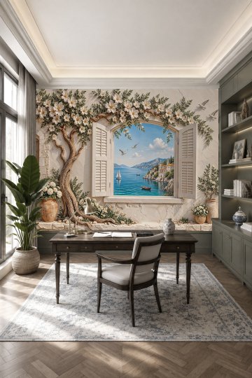 Dreamwall Sahil Manzaralı Açık Pencere, Çiçekli Ağaç Kabartması ve Duvar Desenli Tek Parça Tekstil Duvar Kağıdı  küçük görsel 1