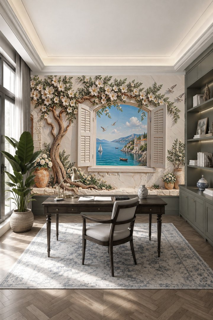 Dreamwall Sahil Manzaralı Açık Pencere, Çiçekli Ağaç Kabartması ve Duvar Desenli Tek Parça Tekstil D...