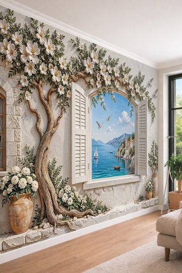 Dreamwall Sahil Manzaralı Açık Pencere, Çiçekli Ağaç Kabartması ve Duvar Desenli Tek Parça Tekstil Duvar Kağıdı  küçük görsel 2