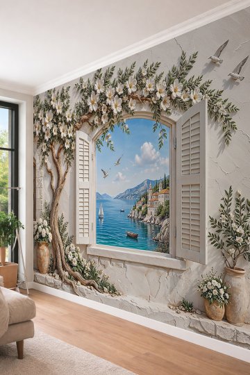 Dreamwall Sahil Manzaralı Açık Pencere, Çiçekli Ağaç Kabartması ve Duvar Desenli Tek Parça Tekstil Duvar Kağıdı  küçük görsel 4