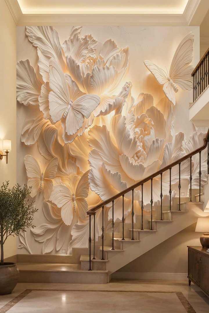 Dreamwall Şakayık Çiçekleri ve Kelebek Kabartma Görünümlü Tek Parça Tekstil Duvar Kağıdı 