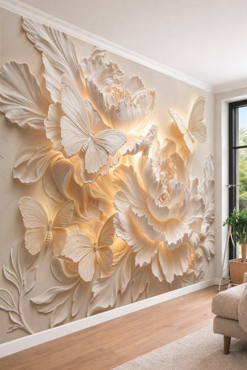 Dreamwall Şakayık Çiçekleri ve Kelebek Kabartma Görünümlü Tek Parça Tekstil Duvar Kağıdı  küçük görsel 2